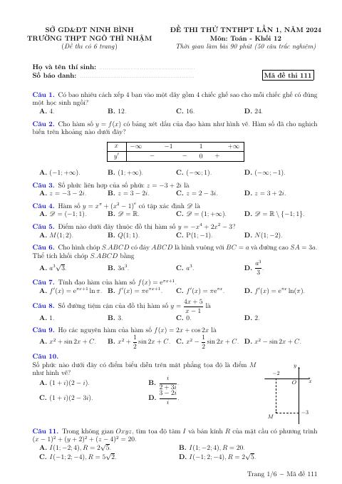 Đề thi thử TN THPT 2024 môn Toán lần 1 trường THPT Ngô Thì Nhậm – Ninh Bình